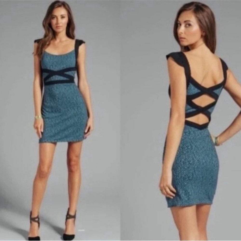 Free People Cross My Heart Mini Bodycon Dress Pacific Blue Large